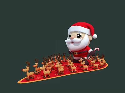 Christmas Themed Art Installation with Cartoon Santa Claus and Reindeer Figures on Red Base 3d model