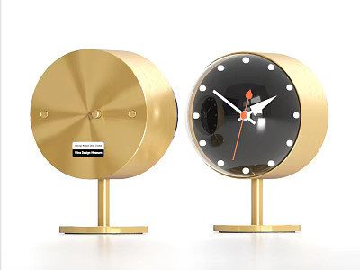Gold Round Clocks with Black Dial White Red Hands and Hong Kong Designer Stand Base 3d model