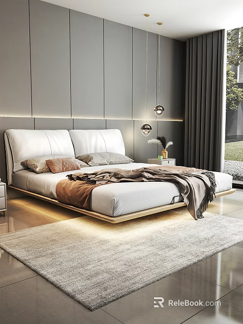 Modern Bedroom Interior Design With White Bed Wooden Base Gray Curtains And Pendant Lights 3d model 
