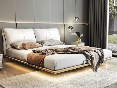 Modern Bedroom Interior Design With White Bed Wooden Base Gray Curtains And Pendant Lights 3d model
