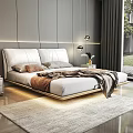 Modern Bedroom Interior Design With White Bed Wooden Base Gray Curtains And Pendant Lights