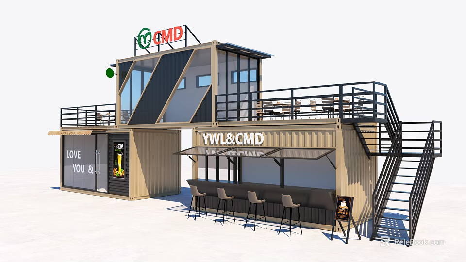 Two Story Container Building With Outdoor Bar Seating Area And Glass Windows 3d model 