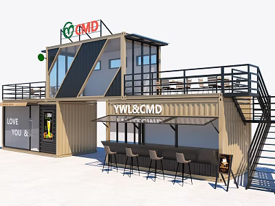 Two Story Container Building With Outdoor Bar Seating Area And Glass Windows 3d model