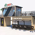 Two Story Container Building With Outdoor Bar Seating Area And Glass Windows