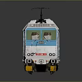 Blue And White Electric Train Model With Windows And Roof Equipment On Reflective Surface