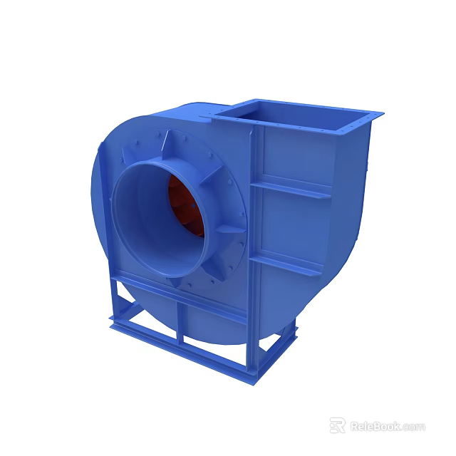 Blue Industrial Centrifugal Fan With Circular Inlet Square Housing And Stand 3d model 