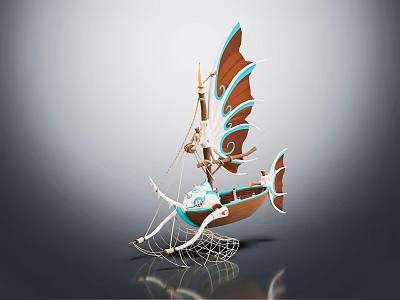 Wooden Boat Artistic Decorative Model With Blue Brown Color Unique Sail Design Fish Shaped Stern 3d model
