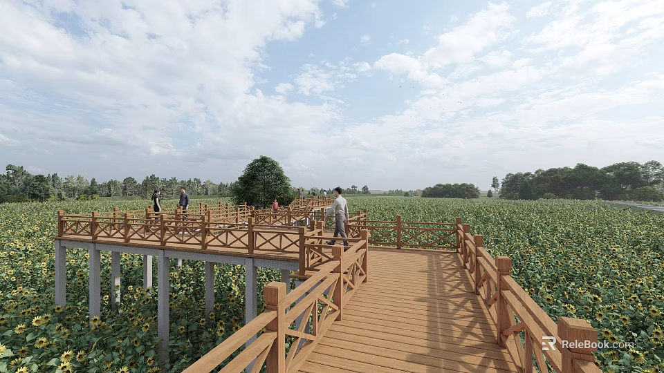 Scenic Garden Landscape With Wooden Boardwalk Sunflower Field And Walking Visitors 3d model 