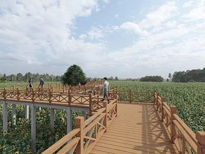 Scenic Garden Landscape With Wooden Boardwalk Sunflower Field And Walking Visitors 3d model