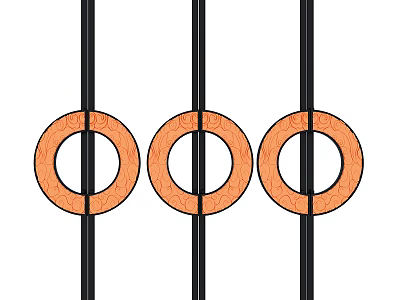Three Orange Circular Door Handles With Decorative Patterns On Black Doors 3d model