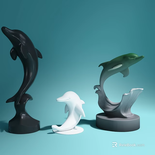 Decorative Dolphin Ornament Set With Black White Green Leaping Figurines And Wave Base 3d model 