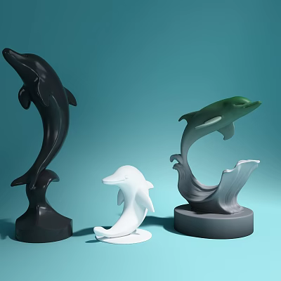 Decorative Dolphin Ornament Set With Black White Green Leaping Figurines And Wave Base 3d model