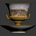 Hand Carved Sculptural Porcelain Cup And Saucer With Golden Trim And Architectural Designs