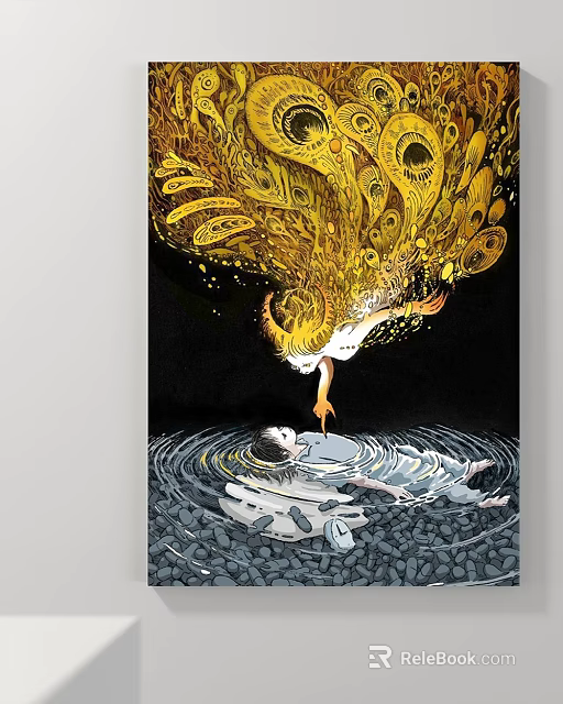 Abstract Painting Featuring Golden Phoenix Figure Reaching Toward Person Lying On Water With Ripples Stones 3d model 