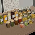 Decorative Glass Spice Jars Filled With Various Spices On Wooden Kitchen Countertop