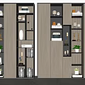 Modern Wooden Bookcase With Layered Shelves Books Decorative Items Trophies And Lighting