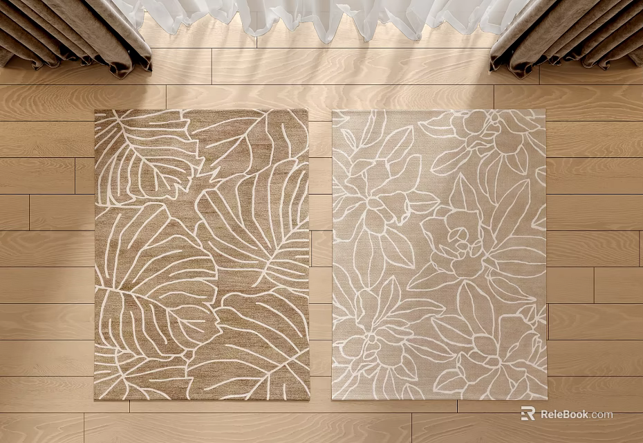 Square Rugs With Leaf And Flower Patterns On Wooden Floor 3d model
