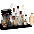 Assorted Liquor Bottles and Cocktail Glasses with Ice Bucket and Shaker on Metal Tray