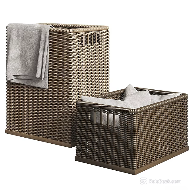 Wicker Storage Baskets With Tall And Square Design Gray Towel And White Cloth 3d model 