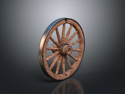 Vintage Wooden Wheel With Metal Rim And Spokes On Dark Surface 3d model