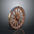 Vintage Wooden Wheel With Metal Rim And Spokes On Dark Surface