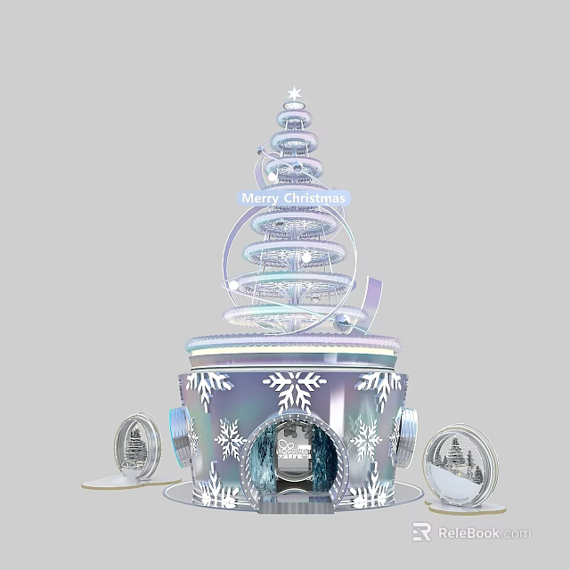 Shiny Spiral Christmas Tree Decoration With Merry Christmas Text And Snowflake Designs 3d model 