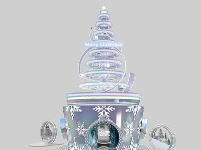 Shiny Spiral Christmas Tree Decoration With Merry Christmas Text And Snowflake Designs 3d model