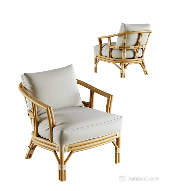 Modern Rattan Single Sofa Design With Light Colored Cushion And Armrest 3d model