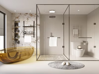 Luxurious Bathroom Interior with Glass Shower Enclosure Golden Bathtub Marble Walls Toilet Shelves and Rug 3d model