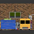 Outdoor Scene With Yellow Taco Mole Truck Brick Wall Blue Tarp Chalk Lines On Ground