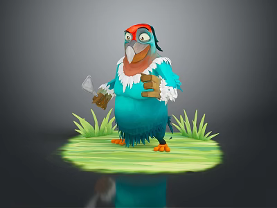 Cartoon Parrot With Blue Feathers Red Hat And White Scarf Holding Axe On Green Grass 3d model