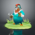 Cartoon Parrot With Blue Feathers Red Hat And White Scarf Holding Axe On Green Grass