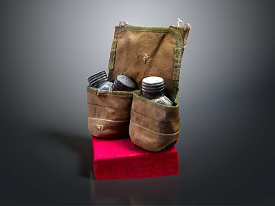 Vintage Brown Leather Pouch With Small Metal Containers On Red Square Base 3d model