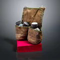 Vintage Brown Leather Pouch With Small Metal Containers On Red Square Base