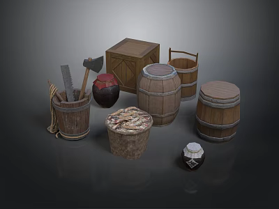 Rustic Wooden Household Items Including Barrels Buckets Box And Storage Jars 3d model