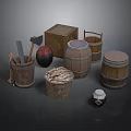 Rustic Wooden Household Items Including Barrels Buckets Box And Storage Jars