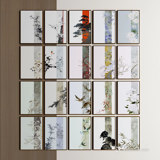 Artistic Wall Decor Paintings Featuring Plant And Bird Patterns In Grid Arrangement 3d model 
