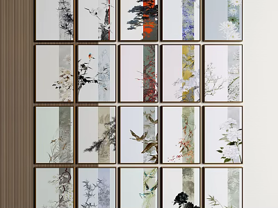 Artistic Wall Decor Paintings Featuring Plant And Bird Patterns In Grid Arrangement 3d model