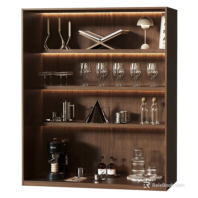 Stylish Tableware Collection on Wooden Shelf with Wine Glasses Coffee Accessories and Decorative Items 3d model 