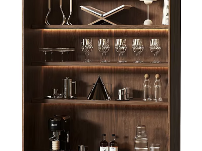 Stylish Tableware Collection on Wooden Shelf with Wine Glasses Coffee Accessories and Decorative Items 3d model