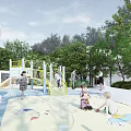 Modern Garden Landscape With Tall Trees White Walls Outdoor Seating And Paved Area