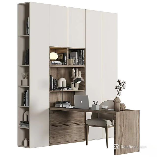 Modern Study Room Interior With Wooden Desk Bookshelf Laptop Table Lamp And Vase 3d model 