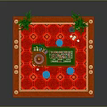 Casino Entertainment Table with Green Surface Blue Stools Red Carpet Gold Patterns and Green Plants