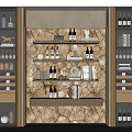 Modern Luxury Wine Cabinet With Marble Backdrop Gold Frame Glass Doors And Multiple Shelves