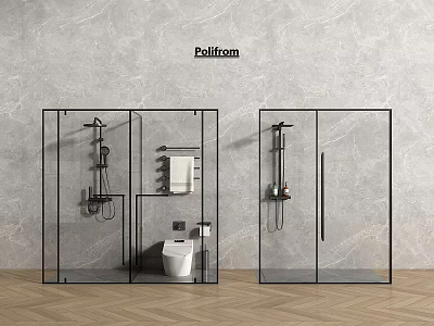 Modern Shower Head System in Glass Enclosure with Marble Wall and Wooden Floor 3d model