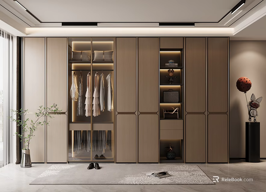Modern Wooden Wardrobe Interior With Hanging Area Drawers LED Lighting And Room Plants 3d model 