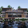 Modern Waterfront Wooden Villa Featuring Large Glass Windows Elevated Deck And Palm Trees