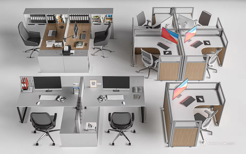 Modern Office Desks In Cubicles With Computers Chairs And File Cabinets 3d model