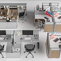 Modern Office Desks In Cubicles With Computers Chairs And File Cabinets 3d model