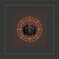 Mechanical Creature with Blue Black Body Yellow Details Standing on Orange Glowing Circular Pattern